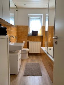 a bathroom with a sink and a toilet and a shower at Ferienwohnung Birka in Speyer