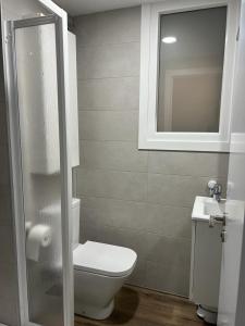 a bathroom with a toilet and a sink and a mirror at SAN MIGUEL PLAYA ALMERIA in Almería