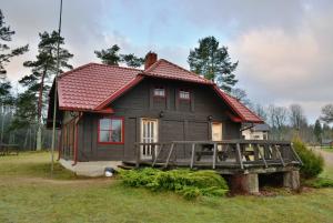 ein kleines Haus mit rotem Dach in der Unterkunft Brīvdienu māja Greiži in Dzirciems