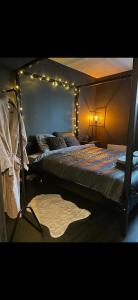 a bedroom with two beds with lights on it at T2 rénové, jaccuzi, sauna, sièges massants, jardin, parking, métro in Toulouse