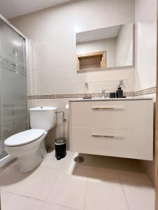 a bathroom with a toilet and a sink and a mirror at El domicilio de Fernando Garrido in Madrid