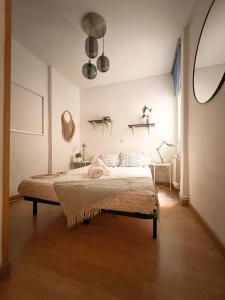 a bedroom with a bed and a mirror on the wall at El domicilio de Fernando Garrido in Madrid