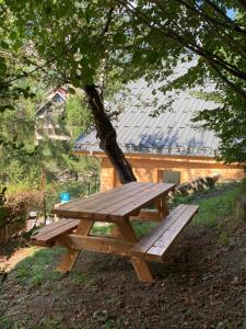 einen hölzernen Picknicktisch unter einem Baum in der Unterkunft Chalet La Felize in 