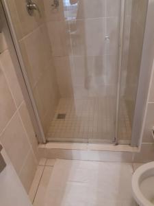 een badkamer met een douche en een toilet bij Durham Square Apartments in Kaapstad
