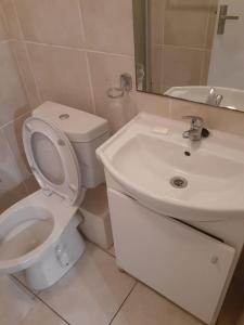 een witte badkamer met een toilet en een wastafel bij Durham Square Apartments in Kaapstad