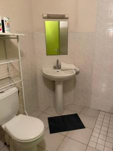 ein Badezimmer mit einem Waschbecken, einem WC und einem Spiegel in der Unterkunft Logement de la ressource in Salins-les-Bains