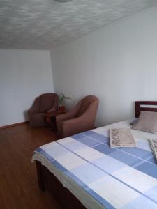 a bedroom with a bed and two chairs at Центр 95 квартала, Смарт-TV in Kryvyi Rih