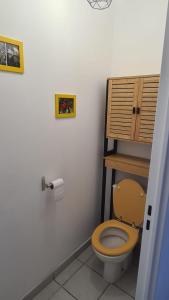 łazienka z toaletą z drewnianą półką w obiekcie T3 le cristal St Pierre 300m de la plage w mieście Saint-Pierre