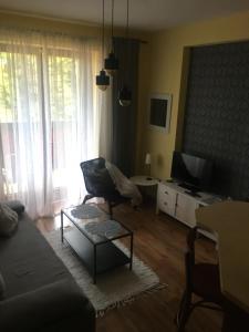 ein Wohnzimmer mit einem Sofa und einem TV in der Unterkunft Apartament M in Polanica-Zdrój