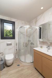 a bathroom with a shower and a toilet and a sink at Hotel Giannoulis in Paralia Katerinis
