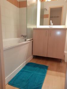 a bathroom with a tub and a sink and a blue rug at Pleine nature Piscine chauffée in Ustou +53 photos