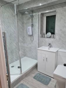 a bathroom with a shower and a toilet and a sink at Superb Loch Side Apartment with Sea & Sunset Views in Helensburgh