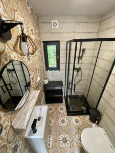 a bathroom with a shower and a sink and a mirror at Wzgórza Kunowskie - domy na wynajem z basenem, baliami i saunami in Bodzentyn