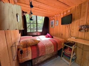 a bedroom with a bed and a television in a cabin at Ironvan in Bernac