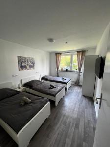 バート・ハルツブルクにあるFerienwohnung Carlos 1 und 2のベッド2台と薄型テレビ付きのベッドルーム