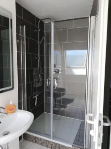 a bathroom with a glass shower and a sink at Ferienwohnung 313-1-R Stübchen in Neddesitz
