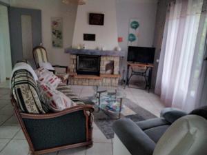 uma sala de estar com um sofá e uma lareira em Maison LABORDE em Saint-Agnet
