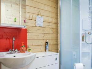 a bathroom with a sink and a shower at Alpaca Hideaway - Uk35188 in Newtown