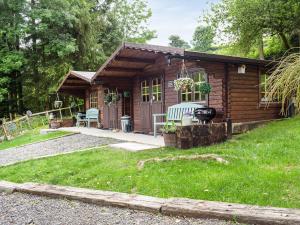 una baita di tronchi con patio e prato di Alpaca Hideaway - Uk35188 a Newtown