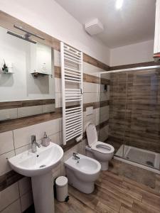 La salle de bains est pourvue d'un lavabo, de toilettes et d'une douche. dans l'établissement 5 Terre Cozy Apartments, à La Spezia