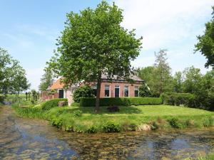 にあるGastenverblijf Boerengelukの川前の木のある家
