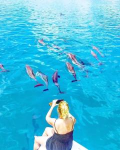 a woman taking a picture of dolphins in the water at Rangali Etos Guraidhoo in Guraidhoo
