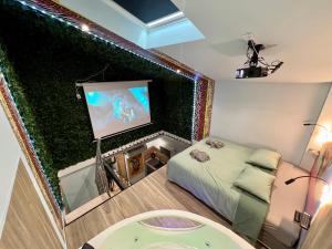 een kamer met een bed en een projectiescherm bij Capsule Safari - Jacuzzi - Nintendo Switch - Netflix & Home cinéma - Pouf géant - Filet suspendu in Douai