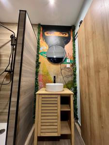 een badkamer met een wastafel en een muur bij Capsule Safari - Jacuzzi - Nintendo Switch - Netflix & Home cinéma - Pouf géant - Filet suspendu in Douai