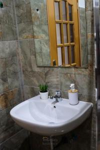 uma casa de banho com um lavatório e um espelho em Helton´s Residence em Praia