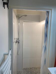 a bathroom with a shower with a shower curtain at L'Arlequin- studio tout confort- Coeur de ville in Chinon