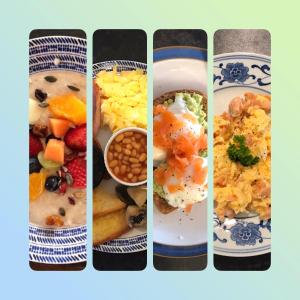eine Collage aus vier Bildern verschiedener Frühstückslebensmittel in der Unterkunft Maple Bank Country Guest House in Keswick