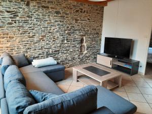 een woonkamer met een blauwe bank en een tv bij Le Canari in Huisnes-sur-Mer