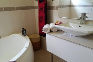 een badkamer met een wastafel en een toilet bij beautifull wooden house in Saint-Claude