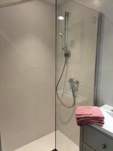 a bathroom with a shower with a glass door at agréable maison de vacances en Charente-Maritime in Arvert