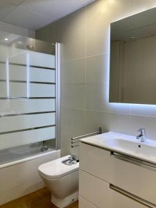 a bathroom with a sink and a toilet and a mirror at Apartamento centro con parking privado in Zaragoza