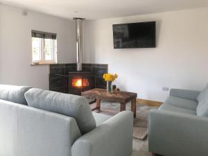 a living room with two couches and a fire place at Middle Hanter - Uk37355 in Old Radnor