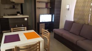 - un salon avec un canapé et une table dans l'établissement Agréable Mobilhome 6 - 8 places, à Saint-Brévin-les-Pins