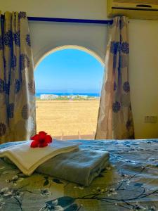a bed in a room with a view of the ocean at Crystal Bay View Apartment in Kalogrea +16 photos