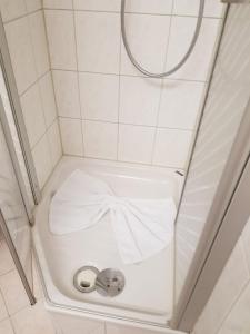 ein kleines Bad mit einem WC in der Dusche in der Unterkunft FERIENWOHNUNG FORSTPANORAMA in Sankt Englmar