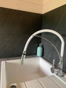 a sink with a faucet and a blue bottle on it at La Cabane de Piquet in Le Tablier