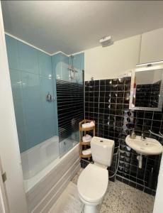 uma casa de banho com um WC, um lavatório e um chuveiro em Osteria Mediterranean em Freirachdorf