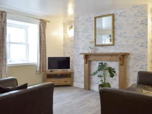 a living room with a tv and a fireplace at Horton View Cottage in Ferryside