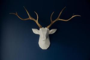 a white deer head with antlers on a blue background at The Hikers House in Newcastle