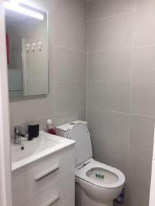 a bathroom with a toilet and a sink and a mirror at Charmant rez-de-chaussée et piscine bar-restaurant in Alicante