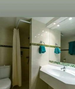 ein Bad mit einem Waschbecken, einer Dusche und einem WC in der Unterkunft Hotel Pansy in Qaşr Ghīlān