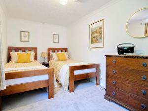 a bedroom with two beds and a dresser and a mirror at Morannedd Bach in Dyffryn