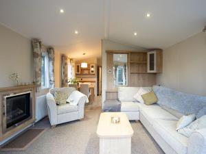 a living room with a couch and a fireplace at Winchester Lodge at Daisy Bank Caravan Park in Hyssington