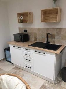 a kitchen with a sink and a microwave at BellaVilla 309 in Sarrians