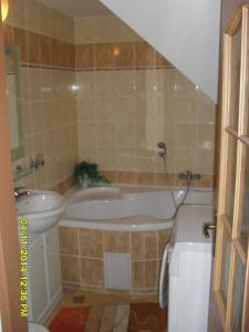 een badkamer met een bad, een toilet en een wastafel bij Apartmány KOS in Pec pod Sněžkou