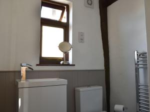 a bathroom with a toilet and a mirror and a window at Brushmaker Cottage in Diss